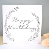 Happy Birthday Greeting Card. Black Floral Elegant Wreath