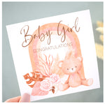 New Baby Girl Greeting Card. Rainbow & Pampas Floral