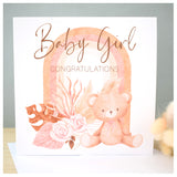 New Baby Girl Greeting Card. Rainbow & Pampas Floral