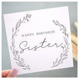 Happy Birthday Sister Greeting Card. Black Floral Elegant Wreath