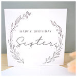 Happy Birthday Sister Greeting Card. Black Floral Elegant Wreath