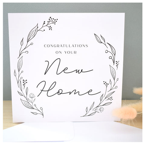 New Home Greeting Card. Black Floral Elegant Wreath