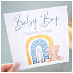 Baby Boy Congratulations Greeting Card. Rainbow & Teddy Bear