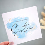 Happy Birthday Sister Card. Turquoise Blue Watercolour Design