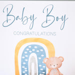 Baby Boy Congratulations Greeting Card. Rainbow & Teddy Bear