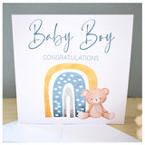 Baby Boy Congratulations Greeting Card. Rainbow & Teddy Bear