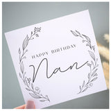 Happy Birthday Nan Greeting Card. Black Floral Elegant Wreath