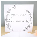 Happy Birthday Cousin Greeting Card. Black Floral Elegant Wreath