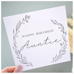 Happy Birthday Auntie Greeting Card. Black Floral Elegant Wreath