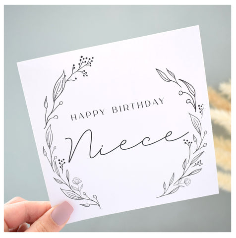 Happy Birthday Niece Greeting Card. Black Floral Elegant Wreath