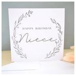 Happy Birthday Niece Greeting Card. Black Floral Elegant Wreath