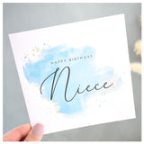 Happy Birthday Niece Card. Turquoise Blue Watercolour Design