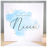 Happy Birthday Niece Card. Turquoise Blue Watercolour Design