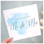 Mr & Mrs Greeting Card. Wedding Day Card. Turquoise Blue Watercolour Design