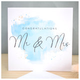 Mr & Mrs Greeting Card. Wedding Day Card. Turquoise Blue Watercolour Design