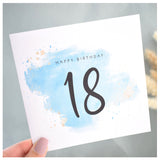 Happy 18th Birthday Card. Eighteenth.  Turquoise Blue Watercolour Design