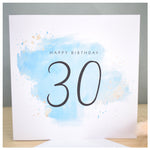 Happy 30th Birthday Card. Thirtieth.  Turquoise Blue Watercolour Design