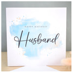 Happy Birthday Husband Card. Partner, Hubby. Turquoise Blue Watercolour Design