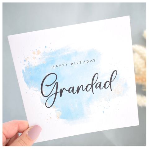 Happy Birthday Grandad Card. Turquoise Blue Watercolour Design