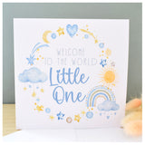 Welcome To The World Little One. Baby Boy Congratulations Greeting Card. Watercolour