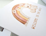 Welcome To The World Baby  Congratulations Greeting Card. Rainbow & Teddy Bear