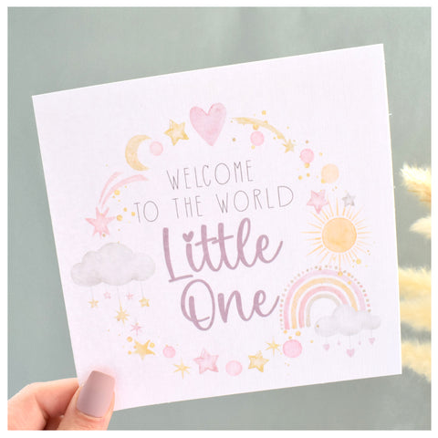 Welcome To The World Little One. Baby Girl Congratulations Greeting Card. Watercolour