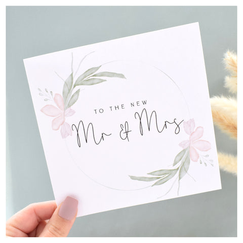 Congratulations Mr & Mrs Greeting Card. Wedding Day. Pastel Floral Elegant Wreath