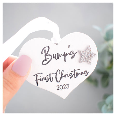 Bump's First Christmas 2023 White Wood Heart Decoration