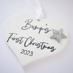 Bump's First Christmas 2023 White Wood Heart Decoration