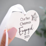 Our First Christmas Engaged 2023 White Wood Heart Decoration