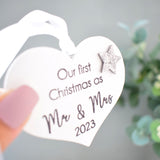 Our First Christmas As Mr & Mrs 2023 White Wood Heart Decoration