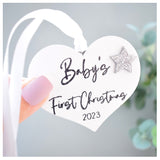 Baby's First Christmas 2023 White Wood Heart Decoration