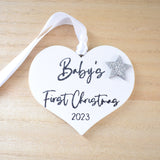 Baby's First Christmas 2023 White Wood Heart Decoration