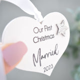 Our First Christmas Married 2023 White Wood Heart Decoration