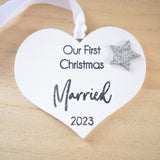 Our First Christmas Married 2023 White Wood Heart Decoration