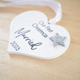 Our First Christmas Married 2023 White Wood Heart Decoration