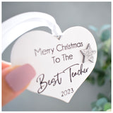 Merry Christmas to the Best Teacher 2023 White Wood Heart Decoration