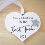 Merry Christmas to the Best Teacher 2023 White Wood Heart Decoration