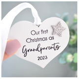 Our First Christmas as Grandparents 2023 White Wood Heart Decoration