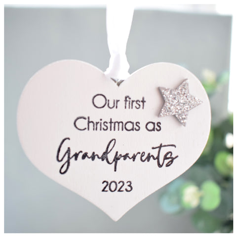 Our First Christmas as Grandparents 2023 White Wood Heart Decoration