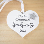 Our First Christmas as Grandparents 2023 White Wood Heart Decoration