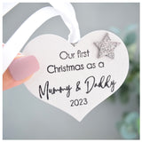 First Christmas as a Mummy & Daddy 2023 White Wood Heart Decoration