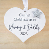 First Christmas as a Mummy & Daddy 2023 White Wood Heart Decoration