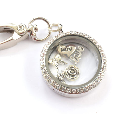 Round Diamonte Locket Keyring In Memory of Mum