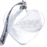 Any Name / Date White Feather Memorial Heart Bauble