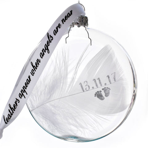 Personalised Name White Feather Round Bauble