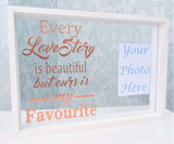 Personalised Couple Love Story Quote Frame. Floating Glass Add Your Photograph. Modern & Chic Design. Rose Gold White Black. Wedding