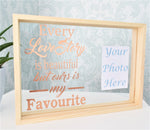 Personalised Couple Love Story Quote Frame. Floating Glass Add Your Photograph. Modern & Chic Design. Rose Gold White Black. Wedding