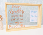 Personalised Couple Love Story Quote Frame. Floating Glass Add Your Photograph. Modern & Chic Design. Rose Gold White Black. Wedding