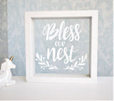 Bless Our Nest Frame. Floating Glass Wood Framed Wall Art, Personalised Colours Rose Gold White Black. Home Decor Housewarming Ornament